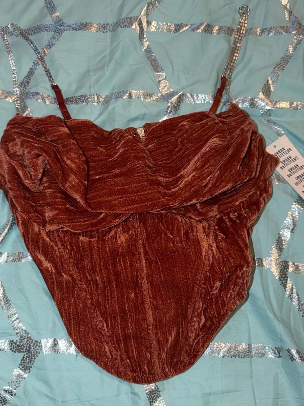 Urban Outfitters Burnt Orange Velvet Corset Top with Chain Straps